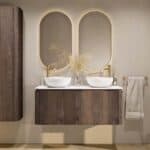 Rundes wandhängendes Badmöbel 120 cm aus dunkler Eiche mit glatte Front und weißes Solid-Surface-Becken mit zwei Waschbecken