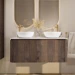 Rundes wandhängendes Badmöbel 120 cm aus dunkler Eiche mit glatte Front und weißes Solid-Surface-Becken mit zwei Waschbecken