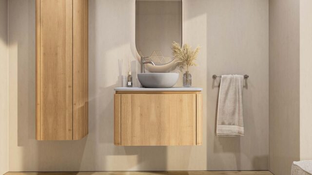 Rundes wandhängendes Badezimmermöbel 80 cm aus Natureiche mit glatte Front und graue Kalksteinplatte