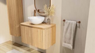 Rundes wandhängendes Badezimmermöbel 80 cm aus Natureiche mit glatte Front und Eichenholzplatte