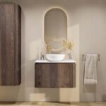 Rundes wandhängendes Badezimmermöbel 80 cm aus dunkler Eiche mit glatte Front und weißes Solid-Surface-Becken