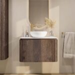 Rundes wandhängendes Badezimmermöbel 80 cm aus dunkler Eiche mit glatte Front und weißes Solid-Surface-Becken