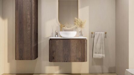 Rundes wandhängendes Badezimmermöbel 80 cm aus dunkler Eiche mit glatte Front und weißes Solid-Surface-Becken