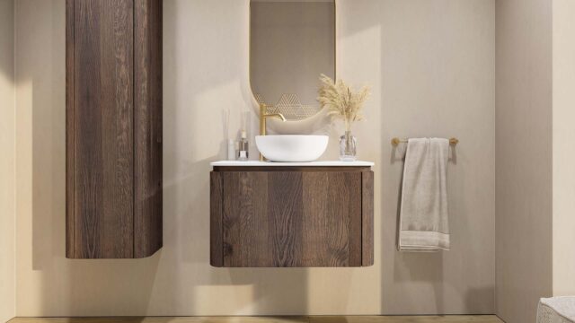 Rundes wandhängendes Badezimmermöbel 80 cm aus dunkler Eiche mit glatte Front und weißes Solid-Surface-Becken
