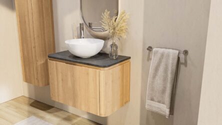 Rundes wandhängendes Badezimmermöbel 80 cm aus Natureiche mit glatte Front und Granitplatte