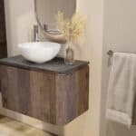 Rundes wandhängendes Badezimmermöbel 80 cm aus dunkler Eiche mit glatte Front und Granitplatte