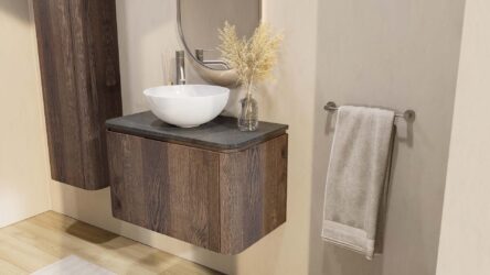 Rundes wandhängendes Badezimmermöbel 80 cm aus dunkler Eiche mit glatte Front und Granitplatte