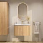Rundes wandhängendes Badezimmermöbel 80 cm aus Natureiche mit glatte Front und matt-weißer Mineralguss