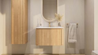 Rundes wandhängendes Badezimmermöbel 80 cm aus Natureiche mit glatte Front und matt-weißer Mineralguss
