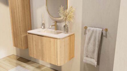 Rundes wandhängendes Badezimmermöbel 80 cm aus Natureiche mit glatte Front und matt-beiger Waschtisch