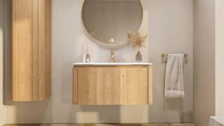 Rundes wandhängendes Badezimmermöbel 100 cm aus Natureiche mit glatte Front und matt-weißer Mineralguss