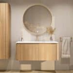 Rundes wandhängendes Badezimmermöbel 120 cm aus Natureiche mit glatte Front und matt-weißer Mineralguss