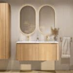 Rundes wandhängendes Badmöbel 120 cm aus Natureiche mit glatte Front und matt-weißer Mineralguss mit zwei Waschbecken