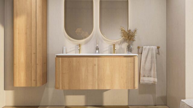 Rundes wandhängendes Badmöbel 120 cm aus Natureiche mit glatte Front und matt-weißer Mineralguss mit zwei Waschbecken