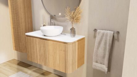 Rundes wandhängendes Badezimmermöbel 100 cm aus Natureiche mit Riffelfront und weißes Solid-Surface-Becken