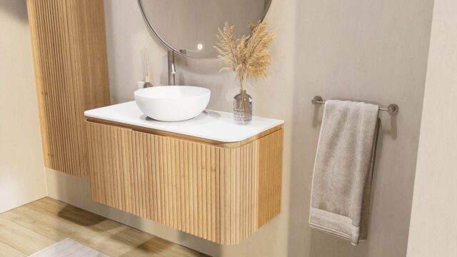 Rundes wandhängendes Badezimmermöbel 100 cm aus Natureiche mit Riffelfront und weißes Solid-Surface-Becken