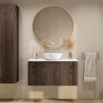 Rundes wandhängendes Badezimmermöbel 100 cm aus dunkler Eiche mit Riffelfront und weißes Solid-Surface-Becken