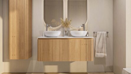 Rundes wandhängendes Badmöbel 120 cm aus Natureiche mit Riffelfront und weißes Solid-Surface-Becken mit zwei Waschbecken