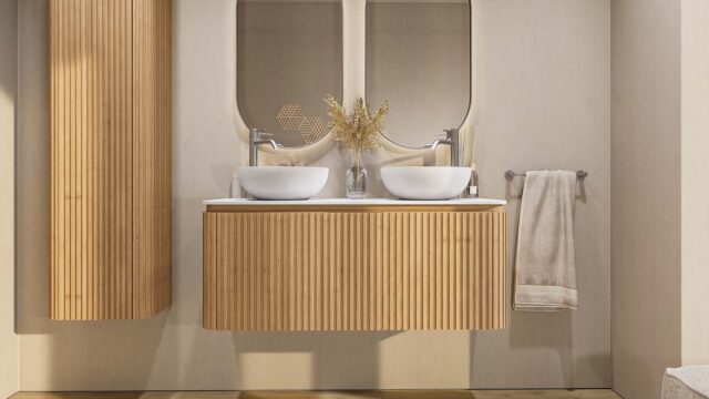 Rundes wandhängendes Badmöbel 120 cm aus Natureiche mit Riffelfront und weißes Solid-Surface-Becken mit zwei Waschbecken