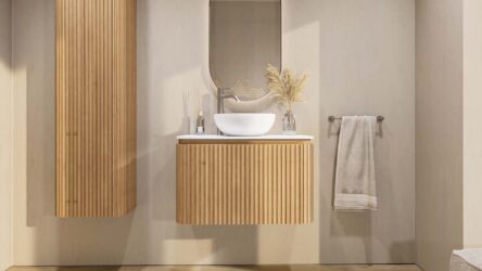 Rundes wandhängendes Badezimmermöbel 80 cm aus Natureiche mit Riffelfront und weißes Solid-Surface-Becken