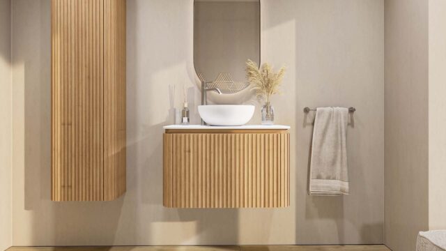 Rundes wandhängendes Badezimmermöbel 80 cm aus Natureiche mit Riffelfront und weißes Solid-Surface-Becken