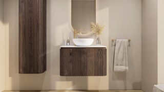 Rundes wandhängendes Badezimmermöbel 80 cm aus dunkler Eiche mit Riffelfront und weißes Solid-Surface-Becken
