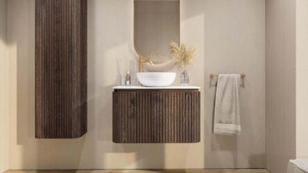 Rundes wandhängendes Badezimmermöbel 80 cm aus dunkler Eiche mit Riffelfront und weißes Solid-Surface-Becken