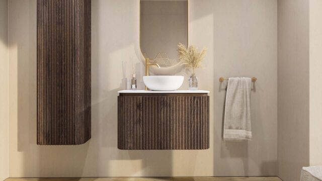 Rundes wandhängendes Badezimmermöbel 80 cm aus dunkler Eiche mit Riffelfront und weißes Solid-Surface-Becken