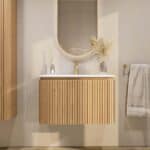 Rundes wandhängendes Badezimmermöbel 80 cm aus Natureiche mit Riffelfront und matt-weißer Mineralguss
