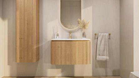 Rundes wandhängendes Badezimmermöbel 80 cm aus Natureiche mit Riffelfront und matt-weißer Mineralguss