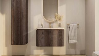 Rundes wandhängendes Badezimmermöbel 80 cm aus dunkler Eiche mit Riffelfront und matt-beiger Waschtisch