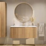 Rundes wandhängendes Badezimmermöbel 120 cm aus Natureiche mit Riffelfront und matt-weißer Mineralguss