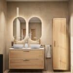 Wandhängendes Badezimmermöbel 120 cm aus Natureiche mit zwei Schubladen und weißes Solid-Surface-Aufsatzbecken