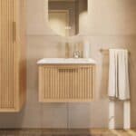 Wandhängendes Badezimmermöbel 60 cm aus Natureiche mit eine Schublade und matt-weißer Mineralguss-Waschtisch (trendy)
