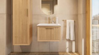 Wandhängendes Badezimmermöbel 60 cm aus Natureiche mit eine Schublade und matt-weißer Mineralguss-Waschtisch (trendy)