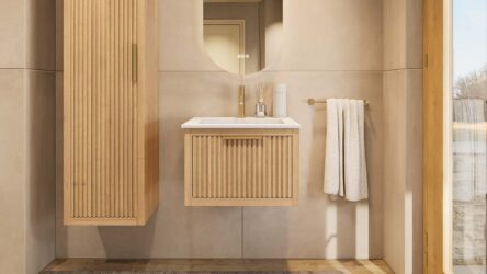 Wandhängendes Badezimmermöbel 60 cm aus Natureiche mit eine Schublade und matt-weißer Mineralguss-Waschtisch (trendy)