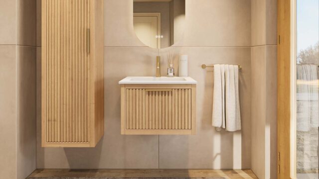Wandhängendes Badezimmermöbel 60 cm aus Natureiche mit eine Schublade und matt-weißer Mineralguss-Waschtisch (trendy)