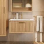 Wandhängendes Badezimmermöbel 80 cm aus Natureiche mit eine Schublade und matt-weißer Mineralguss-Waschtisch (modern)