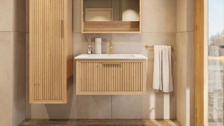 Wandhängendes Badezimmermöbel 80 cm aus Natureiche mit eine Schublade und matt-weißer Mineralguss-Waschtisch (modern)
