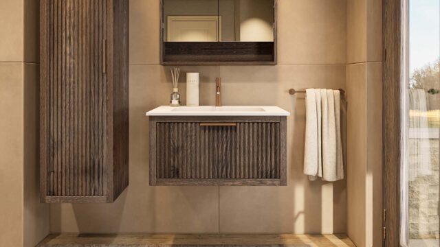 Wandhängendes Badezimmermöbel 80 cm aus dunkler Eiche mit eine Schublade und matt-weißer Mineralguss-Waschtisch (luxuriös)