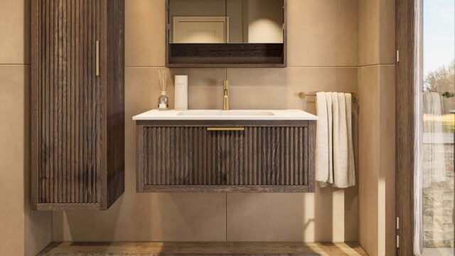 Wandhängendes Badezimmermöbel 100 cm aus dunkler Eiche mit eine Schublade und matt-weißer Mineralguss-Waschtisch (design)