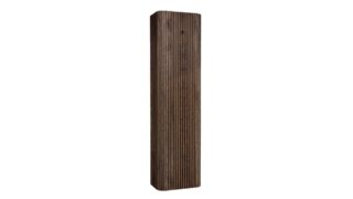Softcube Badezimmerschrank 170 cm hoch mit abgerundeten Seiten und einer gerillten Front in dunkler Eiche und push-to-open Tür.