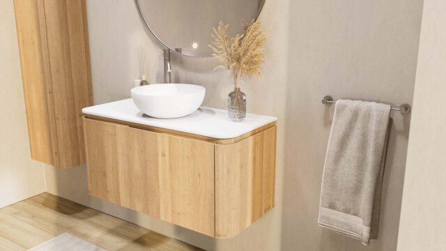 Rundes wandhängendes Badezimmermöbel 100 cm aus Natureiche mit glatte Front und weißes Solid-Surface-Becken