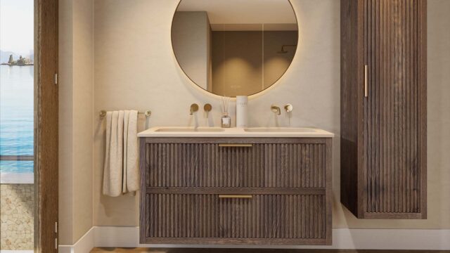 Das Hallberg Badmöbel 120 aus dunkler massiver Eiche verbindet natürliche Wärme mit moderner Eleganz
Die Softclose-Schubladen bieten praktischen Stauraum, während der Doppel Betonwaschtisch in Cashmere eine edle, zeitlose Note verleiht
Ein handgefertigt