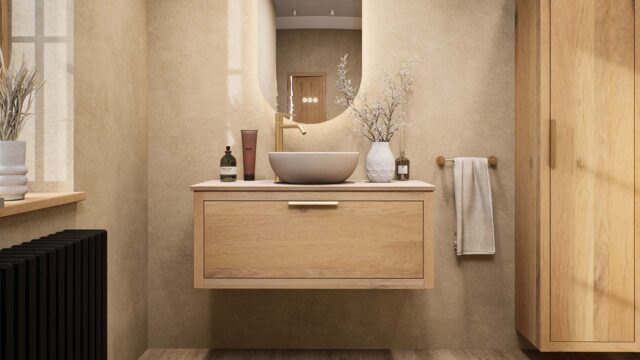 Wandhängendes Badezimmermöbel 100 cm aus Natureiche mit eine Schublade und beige Kalksteinwaschtisch (hochwertig)