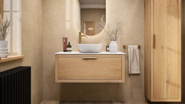 Wandhängendes Badezimmermöbel 100 cm aus Natureiche mit eine Schublade und weißes Solid-Surface-Aufsatzbecken