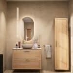 Wandhängendes Badezimmermöbel 100 cm aus Natureiche mit zwei Schubladen und beige Kalksteinwaschtisch