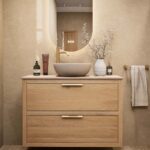 Wandhängendes Badezimmermöbel 100 cm aus Natureiche mit zwei Schubladen und beige Kalksteinwaschtisch