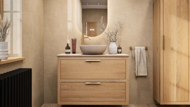 Wandhängendes Badezimmermöbel 100 cm aus Natureiche mit zwei Schubladen und beige Kalksteinwaschtisch