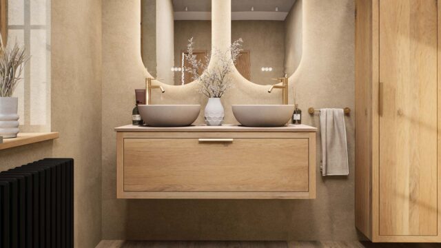 Wandhängendes Badezimmermöbel 120 cm aus Natureiche mit eine Schublade und beige Kalksteinwaschtisch (trendy)